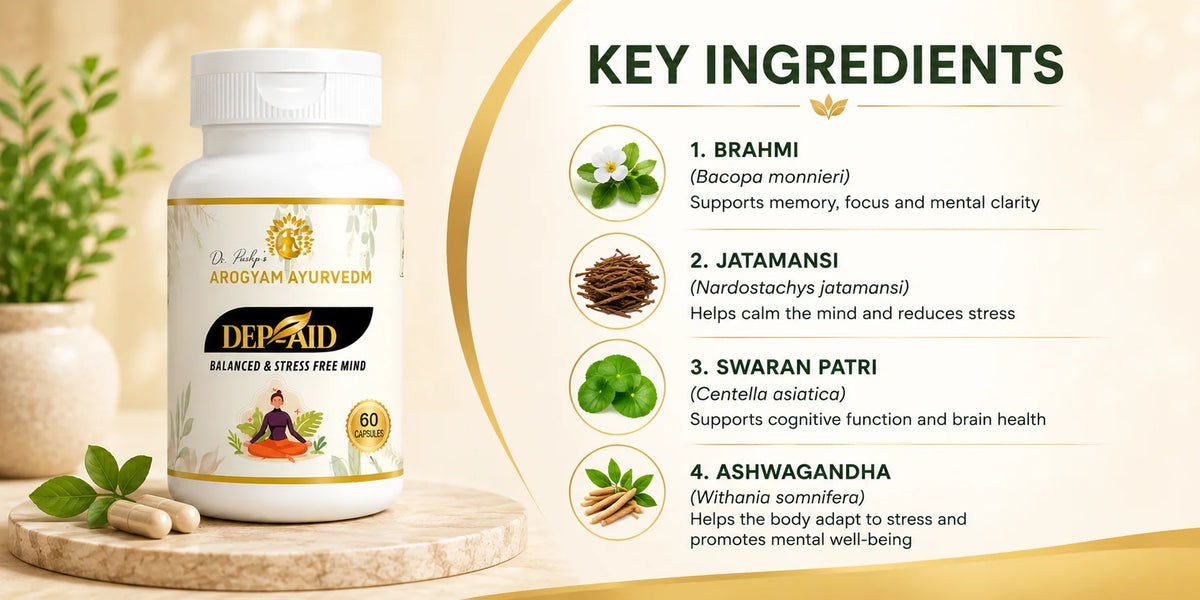 Dep Aid Capsules | Calm Mood & Mental Wellness Support | Pack of 90 Capsules | Dr. Pushp's Arogyam Ayurvedm